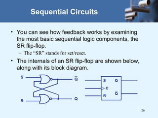 26
Sequential Circuits
• You can see how feedback works by examining
the most basic sequential logic components, the
SR flip-flop.
– The “SR” stands for set/reset.
• The internals of an SR flip-flop are shown below,
along with its block diagram.
 