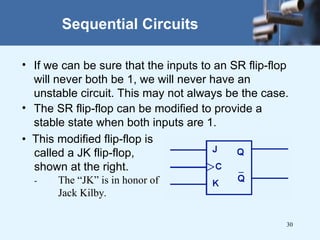 30
Sequential Circuits
• If we can be sure that the inputs to an SR flip-flop
will never both be 1, we will never have an
unstable circuit. This may not always be the case.
• The SR flip-flop can be modified to provide a
stable state when both inputs are 1.
• This modified flip-flop is
called a JK flip-flop,
shown at the right.
- The “JK” is in honor of
Jack Kilby.
 