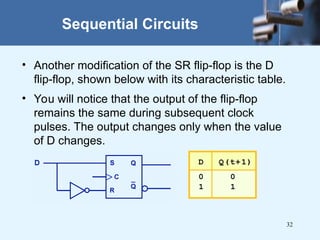 32
Sequential Circuits
• Another modification of the SR flip-flop is the D
flip-flop, shown below with its characteristic table.
• You will notice that the output of the flip-flop
remains the same during subsequent clock
pulses. The output changes only when the value
of D changes.
 