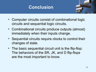 35
• Computer circuits consist of combinational logic
circuits and sequential logic circuits.
• Combinational circuits produce outputs (almost)
immediately when their inputs change.
• Sequential circuits require clocks to control their
changes of state.
• The basic sequential circuit unit is the flip-flop:
The behaviors of the SR, JK, and D flip-flops
are the most important to know.
Conclusion
 
