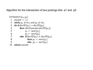 Algorithm for the intersection of two postings lists  p1 and  p2.  