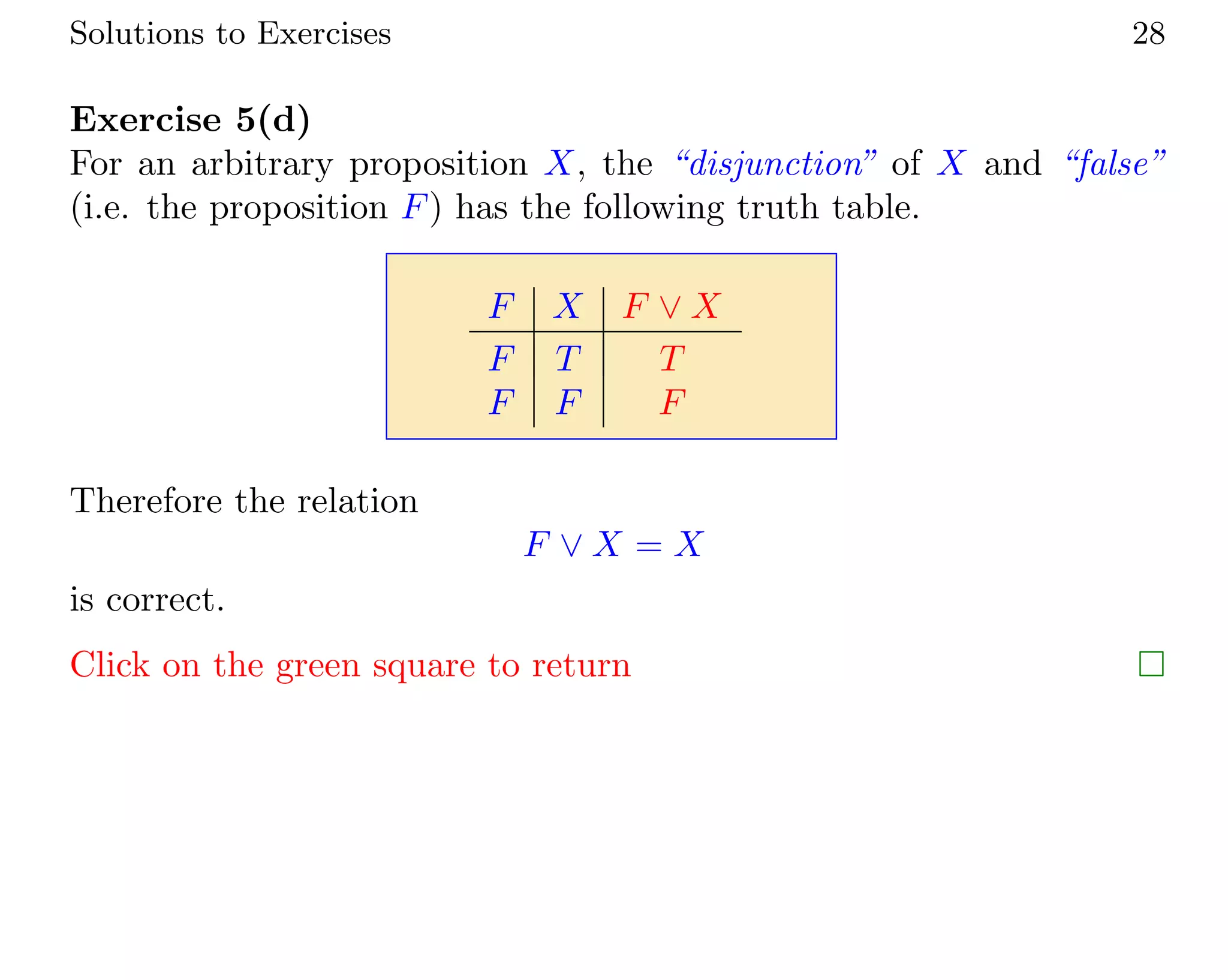 Solutions to Exercises 28
Exercise 5(d)
For an arbitrary proposition X, the “disjunction” of X and “false”
(i.e. the proposition F) has the following truth table.
F X F ∨ X
F T T
F F F
Therefore the relation
F ∨ X = X
is correct.
Click on the green square to return 
 