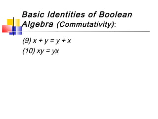 Basic Identities of Boolean
Algebra (Commutativity) :
(9) x + y = y + x
(10) xy = yx
 