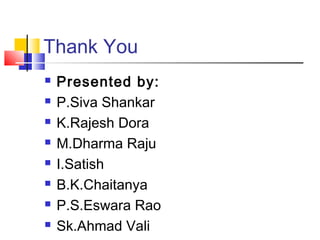 Thank You
   Presented by:
   P.Siva Shankar
   K.Rajesh Dora
   M.Dharma Raju
   I.Satish
   B.K.Chaitanya
   P.S.Eswara Rao
   Sk.Ahmad Vali
 
