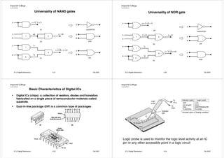 Universality of NAND gates                                                       Universality of NOR gate




    E1.2 Digital Electronics I              4.21                         Oct 2007    E1.2 Digital Electronics I            4.22                  Oct 2007




                           Basic Characteristics of Digital ICs
•      Digital ICs (chips): a collection of resistors, diodes and transistors
       fabricated on a single piece of semiconductor materials called
       substrate.
•      Dual-in-line package (DIP) is a common type of packages.




                                                                                    Logic probe is used to monitor the logic level activity at an IC
                                                                                    pin or any other accessible point in a logic circuit

    E1.2 Digital Electronics I              4.23                         Oct 2007    E1.2 Digital Electronics I            4.24                  Oct 2007
 