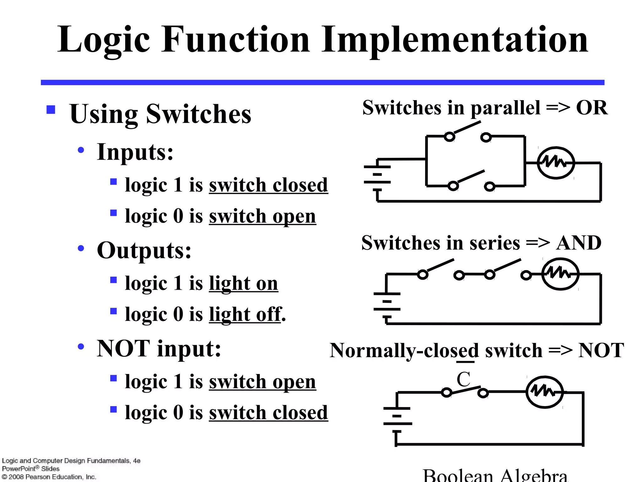  Using Switches
• Inputs:
 logic 1 is switch closed
 logic 0 is switch open
• Outputs:
 logic 1 is light on
 logic 0 is light off.
• NOT input:
 logic 1 is switch open
 logic 0 is switch closed
Logic Function Implementation
Switches in series => AND
Switches in parallel => OR
C
Normally-closed switch => NOT
 