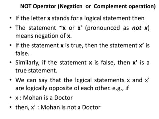 NOT Operator (Negation or Complement operation)
• If the letter x stands for a logical statement then
• The statement ~x or x' (pronounced as not x)
means negation of x.
• If the statement x is true, then the statement x’ is
false.
• Similarly, if the statement x is false, then x’ is a
true statement.
• We can say that the logical statements x and x’
are logically opposite of each other. e.g., if
• x : Mohan is a Doctor
• then, x’ : Mohan is not a Doctor
 