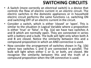 SWITCHING CIRCUITS
• A Switch (more correctly an electrical switch) is a device that
controls the flow of electric current in an electric circuit. The
electric switches in the domestic appliances or in household
electric circuit performs the same functions i.e. switching ON
and switching OFF of an electric current in the circuit.
• Consider a switch, which is either ‘closed’ or ‘open’. This is
similar to the situation in Logical Variable where a proposition
is either ‘true’ or ‘false’. In Fig. 1(a) we have two switches A
and B which are normally open. They are connected in series
with a battery and a bulb. The bulb will light only when both A
and B are closed. Notice the similarity between this and a
compound proposition in which an AND connective is used.
• Now consider the arrangement of switches shown in Fig. 1(b)
where two switches C and D are connected in parallel. The
bulb will light when either C or D, or both, are closed. We
recognize the similarity between this and the truth of a
compound proposition when the OR connective is used.
 
