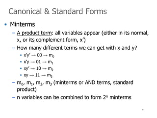* 
Canonical & Standard Forms 
• Minterms 
– A product term: all variables appear (either in its normal, 
x, or its complement form, x’) 
– How many different terms we can get with x and y? 
• x’y’ → 00 → m0 
• x’y → 01 → m1 
• xy’ → 10 → m2 
• xy → 11 → m3 
– m0, m1, m2, m3 (minterms or AND terms, standard 
product) 
– n variables can be combined to form 2n minterms 
 