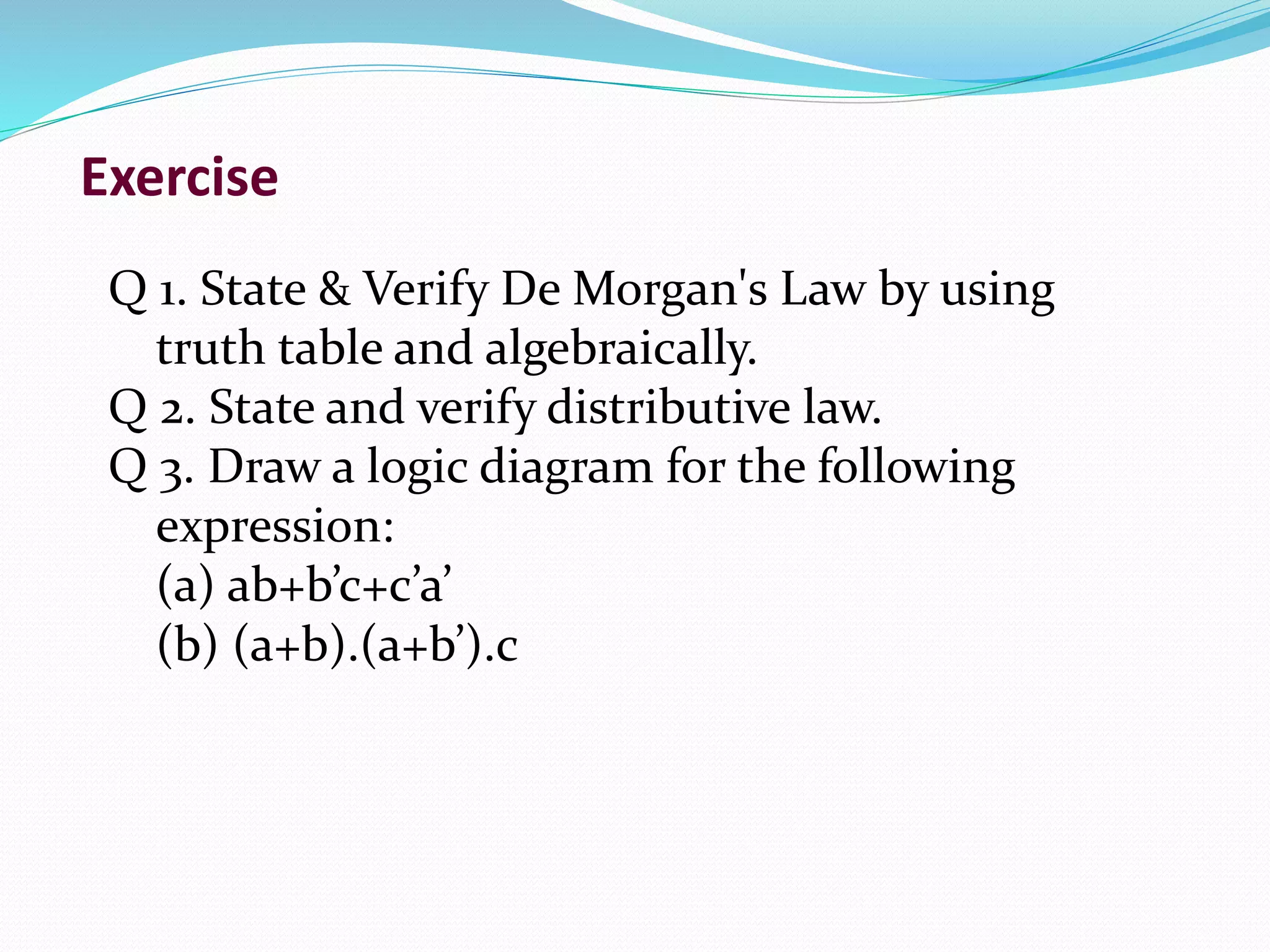 Exercise
Q 1. State & Verify De Morgan's Law by using
truth table and algebraically.
Q 2. State and verify distributive law.
Q 3. Draw a logic diagram for the following
expression:
(a) ab+b’c+c’a’
(b) (a+b).(a+b’).c
 