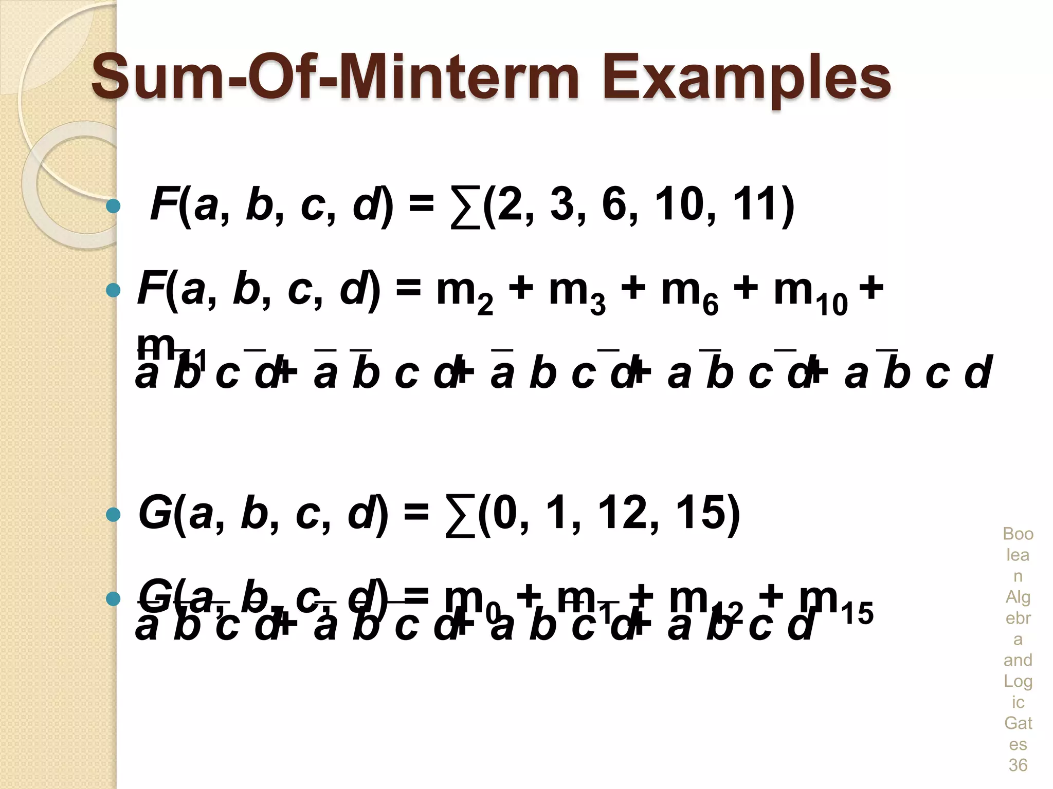 Sum-Of-Minterm Examples
 F(a, b, c, d) = ∑(2, 3, 6, 10, 11)
 F(a, b, c, d) = m2 + m3 + m6 + m10 +
m11
 G(a, b, c, d) = ∑(0, 1, 12, 15)
 G(a, b, c, d) = m0 + m1 + m12 + m15
Boo
lea
n
Alg
ebr
a
and
Log
ic
Gat
es
36
+ a b c d
+ a b c da b c d + a b c d+ a b c d + a b c d
+ a b c da b c d+ a b c d
 