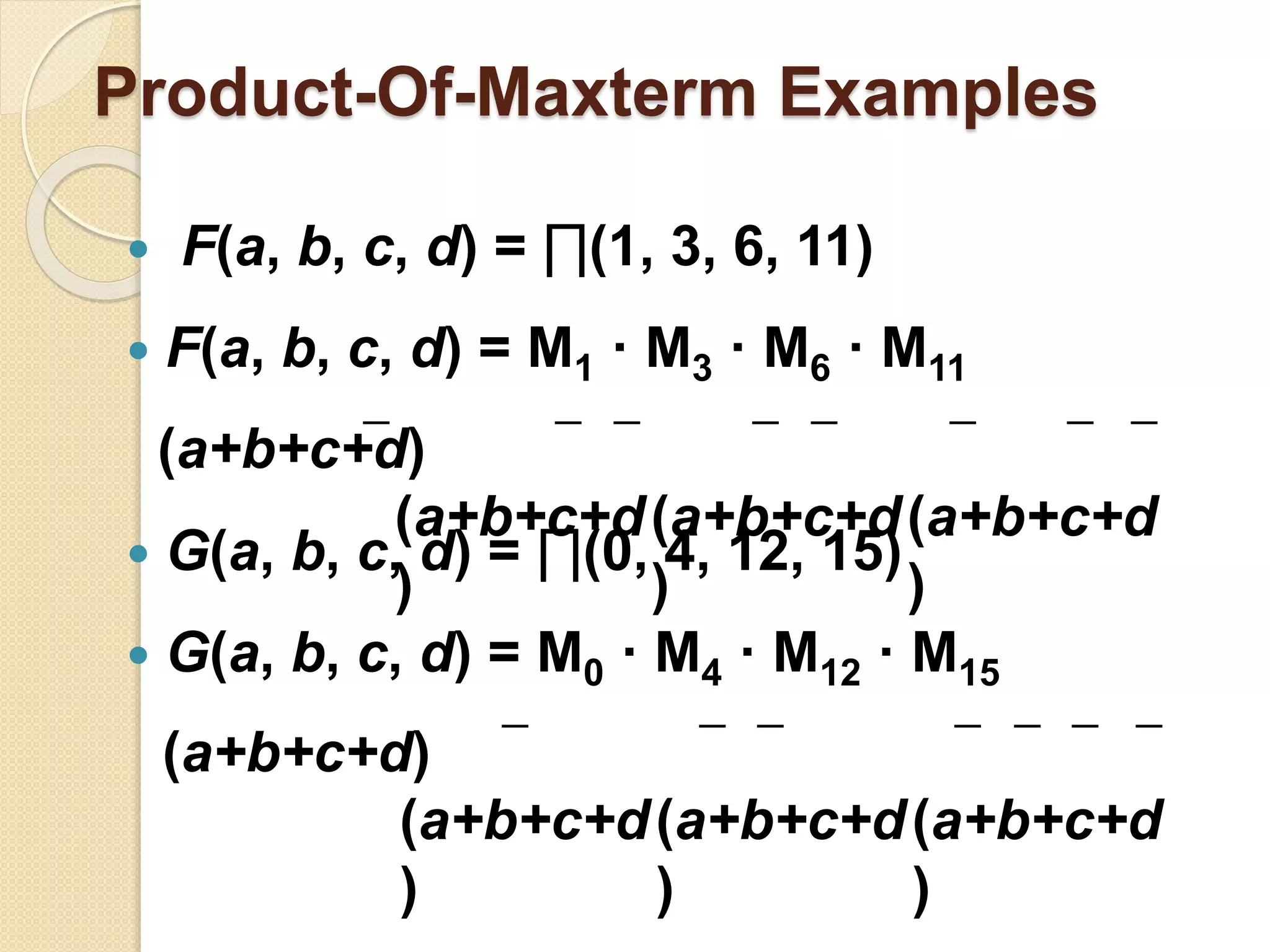 Product-Of-Maxterm Examples
 F(a, b, c, d) = ∏(1, 3, 6, 11)
 F(a, b, c, d) = M1 · M3 · M6 · M11
 G(a, b, c, d) = ∏(0, 4, 12, 15)
 G(a, b, c, d) = M0 · M4 · M12 · M15
(a+b+c+d)
(a+b+c+d
)
(a+b+c+d
)
(a+b+c+d
)
(a+b+c+d)
(a+b+c+d
)
(a+b+c+d
)
(a+b+c+d
)
 