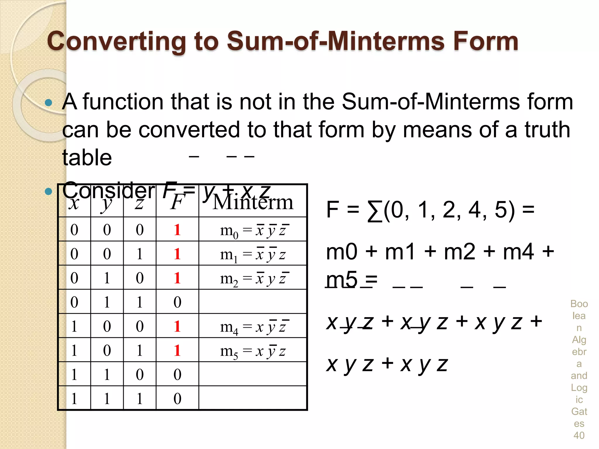 Converting to Sum-of-Minterms Form
 A function that is not in the Sum-of-Minterms form
can be converted to that form by means of a truth
table
 Consider F = y + x z
Boo
lea
n
Alg
ebr
a
and
Log
ic
Gat
es
40
x y z F Minterm
0 0 0 1 m0 = x y z
0 0 1 1 m1 = x y z
0 1 0 1 m2 = x y z
0 1 1 0
1 0 0 1 m4 = x y z
1 0 1 1 m5 = x y z
1 1 0 0
1 1 1 0
F = ∑(0, 1, 2, 4, 5) =
m0 + m1 + m2 + m4 +
m5 =
x y z + x y z + x y z +
x y z + x y z
 