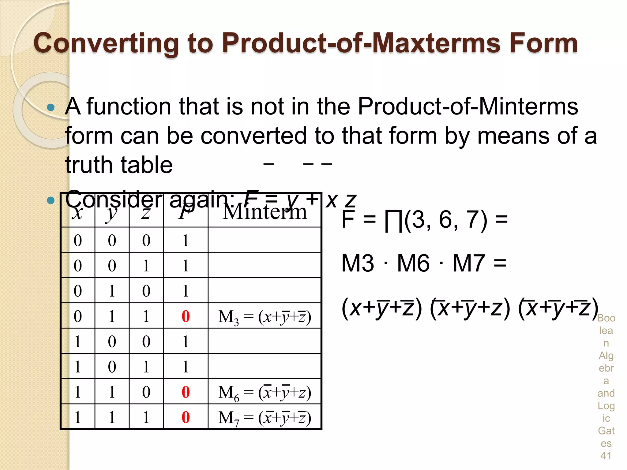 Converting to Product-of-Maxterms Form
 A function that is not in the Product-of-Minterms
form can be converted to that form by means of a
truth table
 Consider again: F = y + x z
Boo
lea
n
Alg
ebr
a
and
Log
ic
Gat
es
41
x y z F Minterm
0 0 0 1
0 0 1 1
0 1 0 1
0 1 1 0 M3 = (x+y+z)
1 0 0 1
1 0 1 1
1 1 0 0 M6 = (x+y+z)
1 1 1 0 M7 = (x+y+z)
F = ∏(3, 6, 7) =
M3 · M6 · M7 =
(x+y+z) (x+y+z) (x+y+z)
 