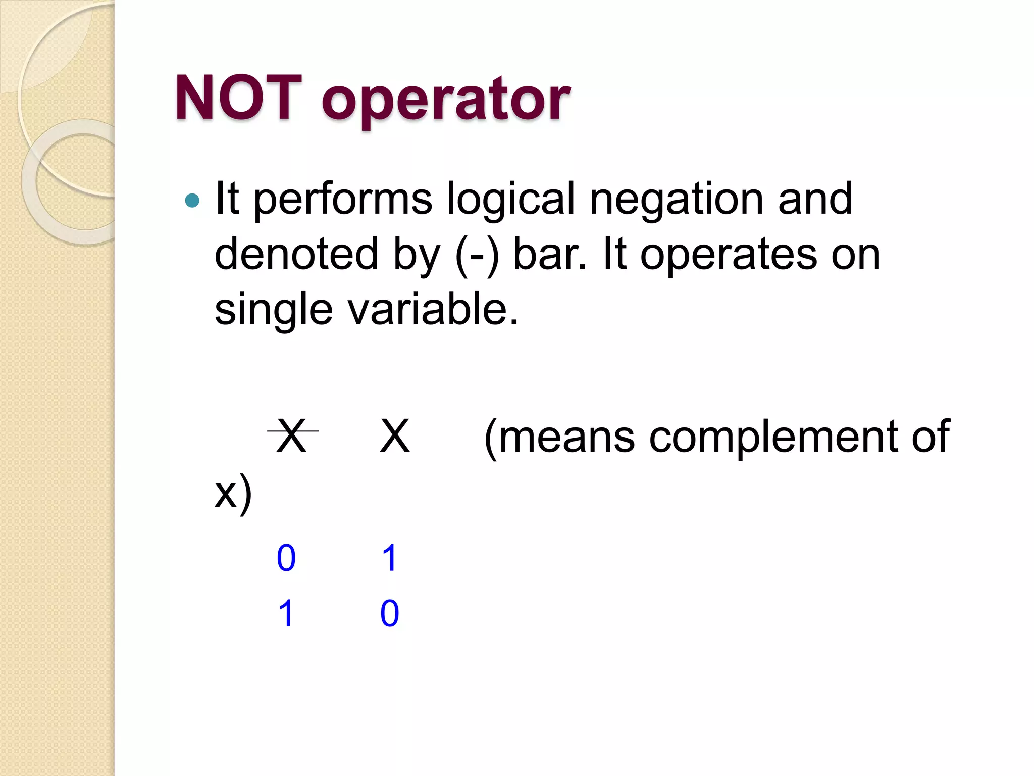 NOT operator
 It performs logical negation and
denoted by (-) bar. It operates on
single variable.
X X (means complement of
x)
0 1
1 0
 