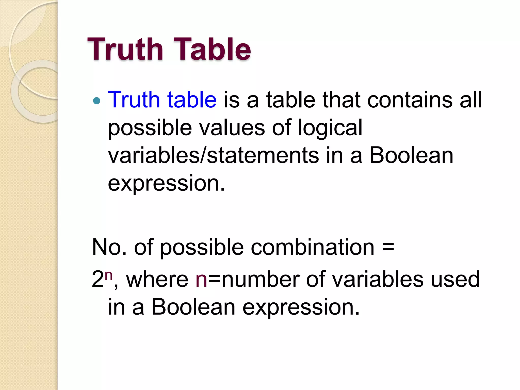 Truth Table
 Truth table is a table that contains all
possible values of logical
variables/statements in a Boolean
expression.
No. of possible combination =
2n, where n=number of variables used
in a Boolean expression.
 