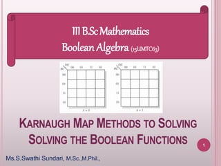 KARNAUGH MAP METHODS TO SOLVING
SOLVING THE BOOLEAN FUNCTIONS
Ms.S.Swathi Sundari, M.Sc.,M.Phil.,
IIIB.ScMathematics
Boolean Algebra(15UMTC63)
1
 