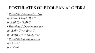 POSTULATES OF BOOLEAN ALGEBRA
• Postulate 4:Associative law
a) A+(B+C)=(A+B)+C
b) A.(B.C)=(A.B).C
• Postulate 5:Distributive law
a) A.(B+C)=A.B+A.C
b) A+(B.C)=(A+B).(A+C)
• Postulate 6 (Complement)
a)A+ 𝐴 =1
b)A .𝐴 =0
 