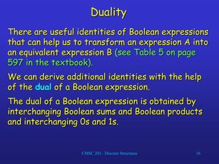 CMSC 203 - Discrete Structures 16
Duality
There are useful identities of Boolean expressions
that can help us to transform an expression A into
an equivalent expression B (see Table 5 on page
597 in the textbook).
We can derive additional identities with the help
of the dual of a Boolean expression.
The dual of a Boolean expression is obtained by
interchanging Boolean sums and Boolean products
and interchanging 0s and 1s.
 