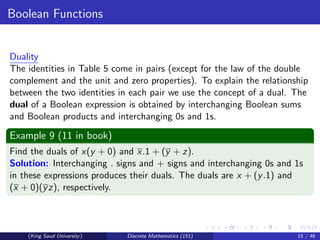 Boolean Functions
Duality
The identities in Table 5 come in pairs (except for the law of the double
complement and the unit and zero properties). To explain the relationship
between the two identities in each pair we use the concept of a dual. The
dual of a Boolean expression is obtained by interchanging Boolean sums
and Boolean products and interchanging 0s and 1s.
Example 9 (11 in book)
Find the duals of x(y + 0) and x.1 + (y + z).
Solution: Interchanging . signs and + signs and interchanging 0s and 1s
in these expressions produces their duals. The duals are x + (y.1) and
(x + 0)(yz), respectively.
(King Saud University) Discrete Mathematics (151) 15 / 46
 