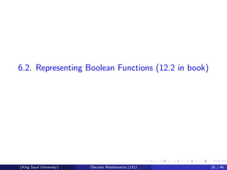 6.2. Representing Boolean Functions (12.2 in book)
(King Saud University) Discrete Mathematics (151) 18 / 46
 