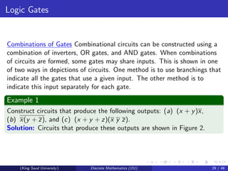 Logic Gates
Combinations of Gates Combinational circuits can be constructed using a
combination of inverters, OR gates, and AND gates. When combinations
of circuits are formed, some gates may share inputs. This is shown in one
of two ways in depictions of circuits. One method is to use branchings that
indicate all the gates that use a given input. The other method is to
indicate this input separately for each gate.
Example 1
Construct circuits that produce the following outputs: (a) (x + y)x,
(b) x(y + z), and (c) (x + y + z)(x y z).
Solution: Circuits that produce these outputs are shown in Figure 2.
(King Saud University) Discrete Mathematics (151) 29 / 46
 