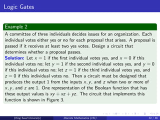 Logic Gates
Example 2
A committee of three individuals decides issues for an organization. Each
individual votes either yes or no for each proposal that arises. A proposal is
passed if it receives at least two yes votes. Design a circuit that
determines whether a proposal passes.
Solution: Let x = 1 if the first individual votes yes, and x = 0 if this
individual votes no; let y = 1 if the second individual votes yes, and y = 0
if this individual votes no; let z = 1 if the third individual votes yes, and
z = 0 if this individual votes no. Then a circuit must be designed that
produces the output 1 from the inputs x, y, and z when two or more of
x, y, and z are 1. One representation of the Boolean function that has
these output values is xy + xz + yz. The circuit that implements this
function is shown in Figure 3.
(King Saud University) Discrete Mathematics (151) 32 / 46
 