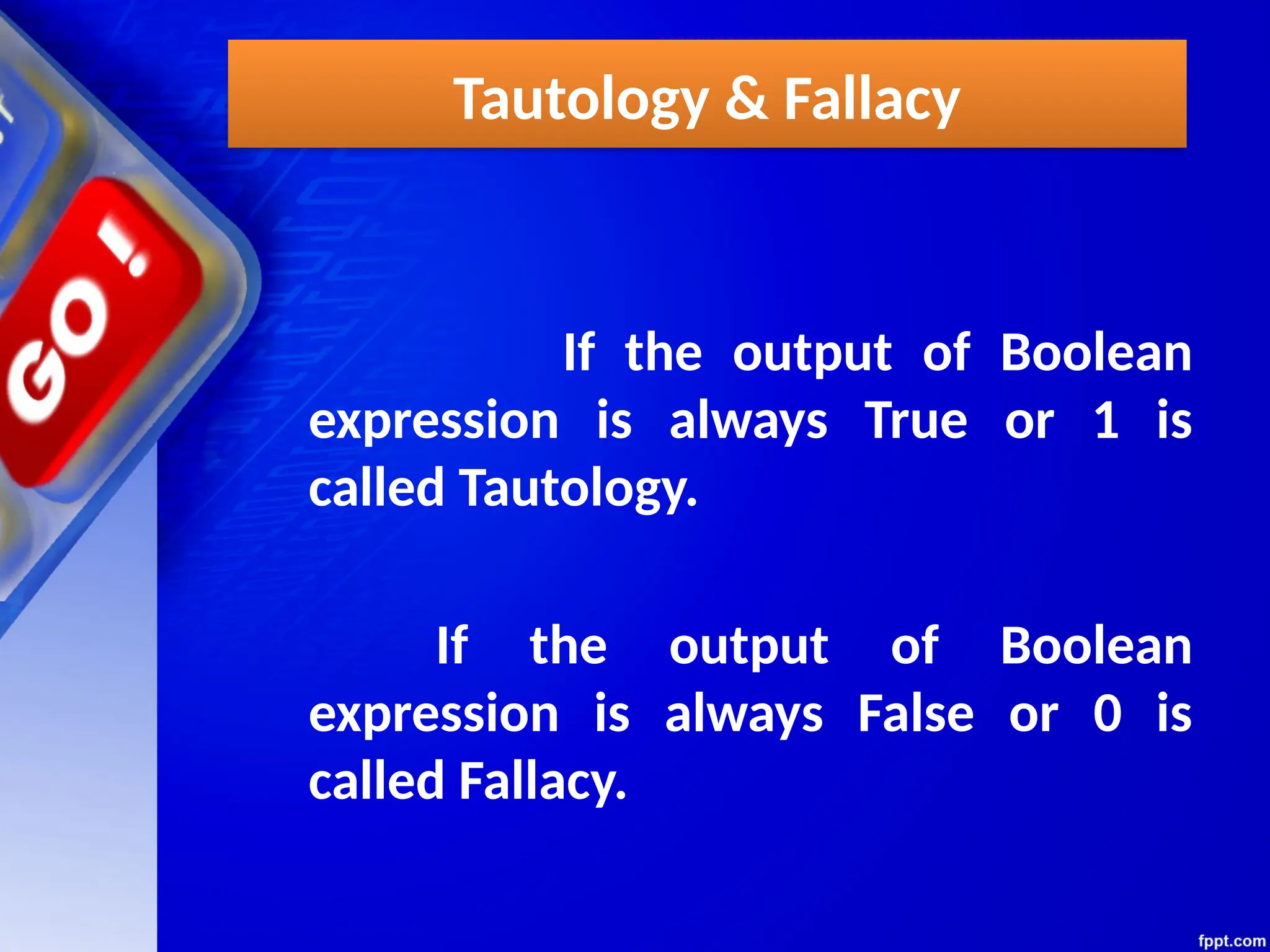 Tautology & Fallacy
If the output of Boolean
expression is always True or 1 is
called Tautology.
If the output of Boolean
expression is always False or 0 is
called Fallacy.
 