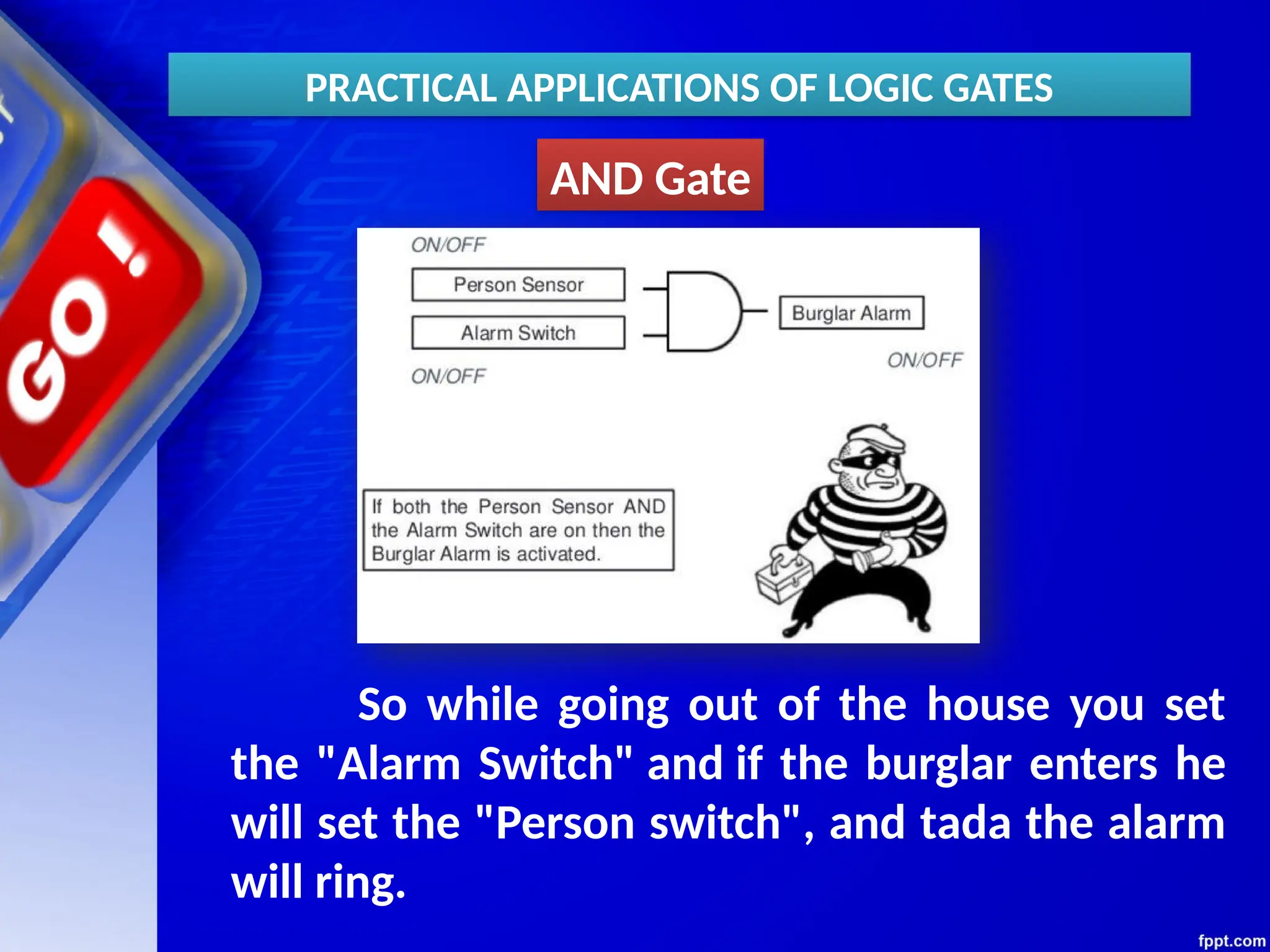 AND Gate
So while going out of the house you set
the "Alarm Switch" and if the burglar enters he
will set the "Person switch", and tada the alarm
will ring.
PRACTICAL APPLICATIONS OF LOGIC GATES
 