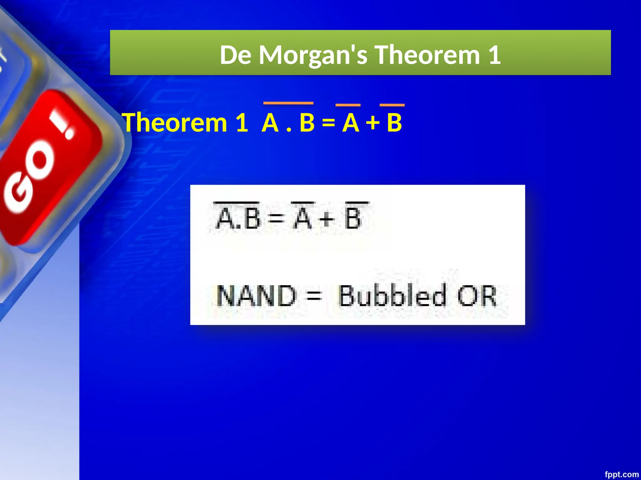 De Morgan's Theorem 1
Theorem 1 A . B = A + B
 