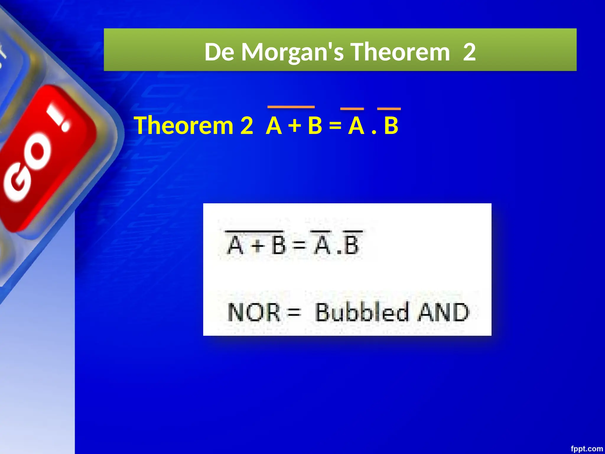 De Morgan's Theorem 2
Theorem 2 A + B = A . B
 