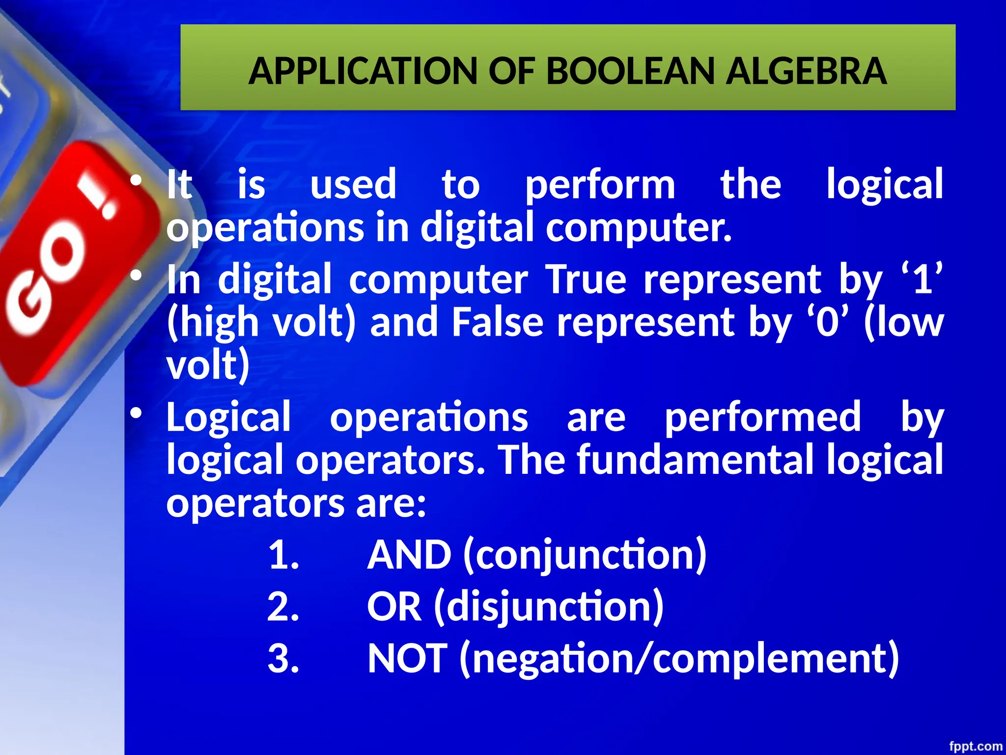 APPLICATION OF BOOLEAN ALGEBRA
• It is used to perform the logical
operations in digital computer.
• In digital computer True represent by ‘1’
(high volt) and False represent by ‘0’ (low
volt)
• Logical operations are performed by
logical operators. The fundamental logical
operators are:
1. AND (conjunction)
2. OR (disjunction)
3. NOT (negation/complement)
 