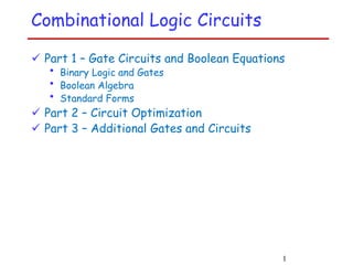 Combinational Logic Circuits
 Part 1 – Gate Circuits and Boolean Equations
• Binary Logic and Gates
• Boolean Algebra
• Standard Forms
 Part 2 – Circuit Optimization
 Part 3 – Additional Gates and Circuits
1
 