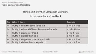 Course: Python Masterclass © PythonWhiz 2020 pythonwhiz.com
Section: Boolean Expressions
Topic: Comparison Operators
Here is a list of Python Comparison Operators.
In the examples, a = 1 and b = 1
Op What it does Example
== Truthy if a has the same value as b a == b # True
!= Truthy if a does NOT have the same value as b a != b # False
>
<
Truthy if a is greater than b
Truthy if a is less than be b
a > b # False
a < b # False
>=
<=
Truthy if a is greater than or equal to b
Truthy if a is less than or equal to b
a >= b # True
a <= b # True
 