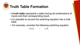 Truth Table Formation
• A truth table represents a table having all combinations of
inputs and their corresponding result....