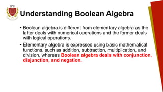 Understanding Boolean Algebra
• Boolean algebra is different from elementary algebra as the
latter deals with numerical op...