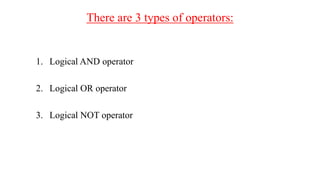 There are 3 types of operators:
1. Logical AND operator
2. Logical OR operator
3. Logical NOT operator
 