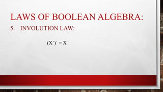 LAWS OF BOOLEAN ALGEBRA:
5. INVOLUTION LAW:
(X´)´ = X
 