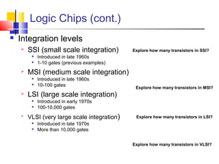 Logic Chips (cont.) 
 Integration levels 
 SSI (small scale integration) 
 Introduced in late 1960s 
 1-10 gates (previous examples) 
 MSI (medium scale integration) 
 Introduced in late 1960s 
 10-100 gates 
 LSI (large scale integration) 
 Introduced in early 1970s 
 100-10,000 gates 
 VLSI (very large scale integration) 
 Introduced in late 1970s 
 More than 10,000 gates 
Explore how many transistors in SSI? 
Explore how many transistors in MSI? 
Explore how many transistors in LSI? 
Explore how many transistors in VLSI? 
 