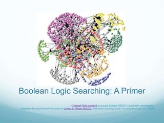 Boolean Logic Searching: A Primer Original Web content by Laura Cohen ©2010. Used with permission. Adapted to MicroSoft PowerPoint slides by Cynthia S. Wetzel, MGCCC, Perkinston Campus Library. For educational use only. ©2010 