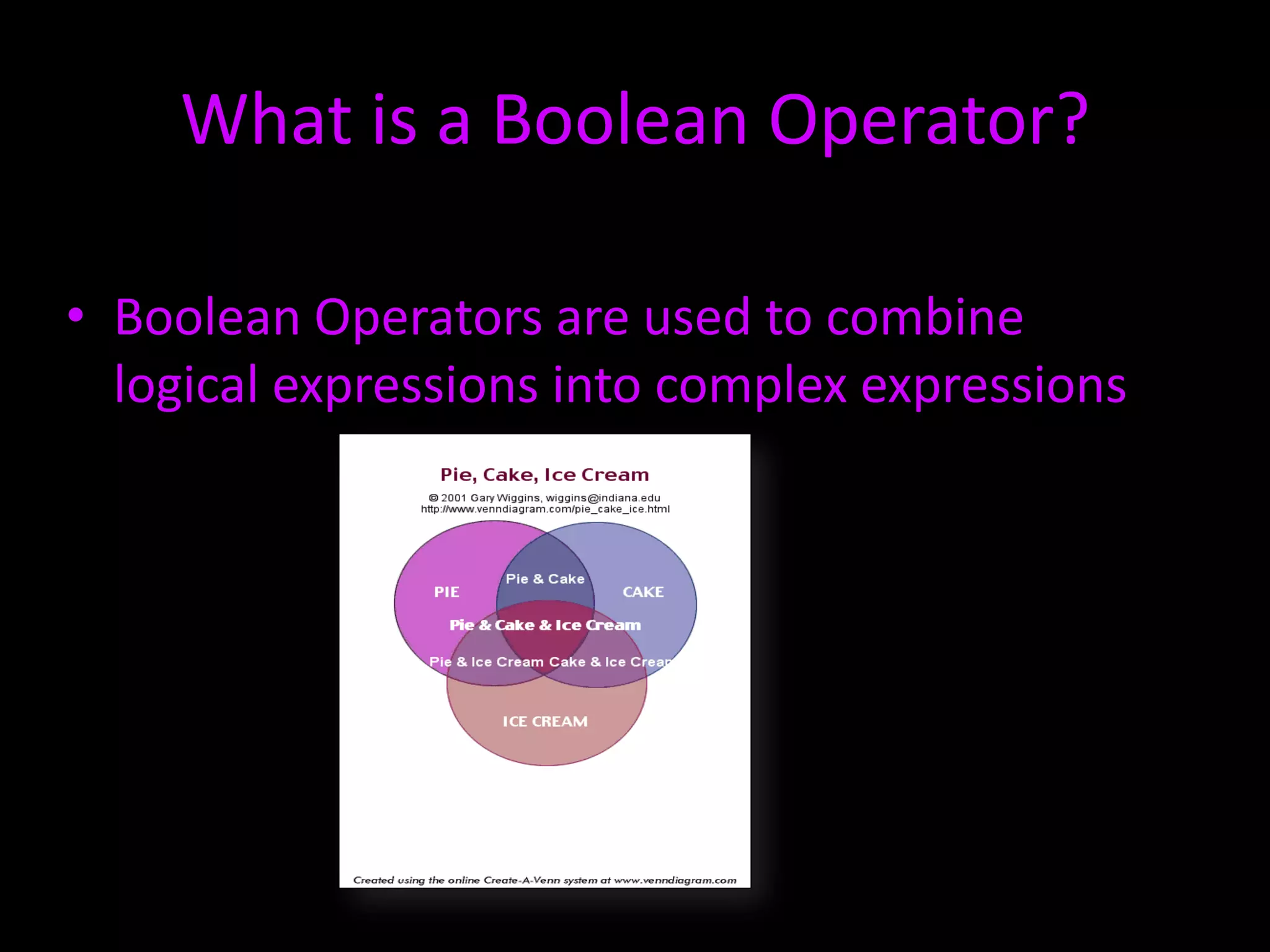 What is a Boolean Operator?Boolean Operators are used to combine logical expressions into complex expressions