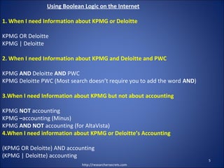 http://researchersecrets.com
5
Using Boolean Logic on the Internet
1. When I need Information about KPMG or Deloitte
KPMG OR Deloitte
KPMG | Deloitte
2. When I need Information about KPMG and Deloitte and PWC
KPMG AND Deloitte AND PWC
KPMG Deloitte PWC (Most search doesn’t require you to add the word AND)
3.When I need Information about KPMG but not about accounting
KPMG NOT accounting
KPMG –accounting (Minus)
KPMG AND NOT accounting (for AltaVista)
4.When I need information about KPMG or Deloitte’s Accounting
(KPMG OR Deloitte) AND accounting
(KPMG | Deloitte) accounting
 