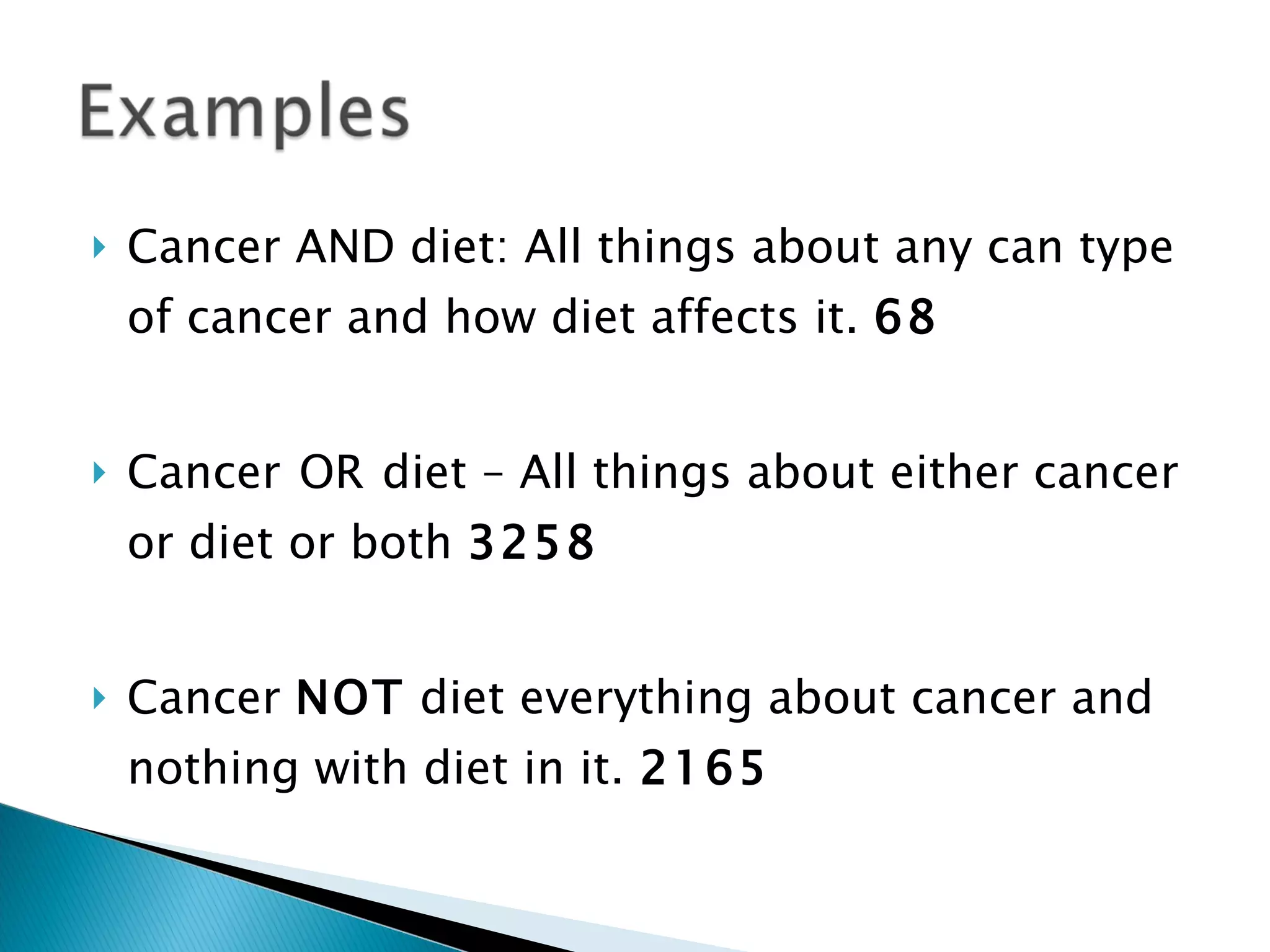 Cancer AND diet: All things about any can type of cancer and how diet affects it.  68 Cancer   OR   diet – All things about either cancer or diet or both  3258 Cancer  NOT  diet everything about cancer and nothing with diet in it.  2165 