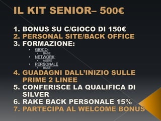 •

•
•

GIOCO:
•

BASE

NETWORK;
•

AUDIO

PERSONALE
•

BASE

 
