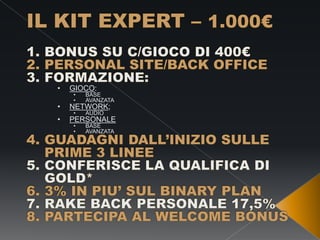 •
•
•

GIOCO:
•
•

BASE
AVANZATA

NETWORK;
•

AUDIO

PERSONALE
•
•

BASE
AVANZATA

 