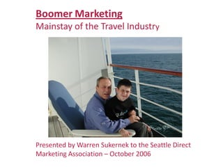 Boomer Marketing
Mainstay of the Travel Industry




Presented by Warren Sukernek to the Seattle Direct
Marketing Association – October 2006
 