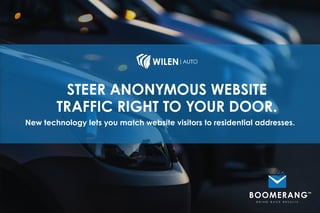 STEER ANONYMOUS WEBSITE
TRAFFIC RIGHT TO YOUR DOOR.
New technology lets you match website visitors to residential addresses.
B R I N G B A C K R E S U L T S
TM
BOOMERANG
Generate retail traffic before your competition does. Contact us today!
631.439.5186 • wilenauto.com
 