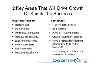2 Key Areas That Will Drive Growth
     Or Shrink The Business
People development                         Talent Source
•   Improve skill                          • Find the right people
•   Build morale                           • Be proactive
•   Continuously develop                   • Have a strategy pipeline
•   Increase productivity                  • Create assessment centres
•   Lead new initiatives                   • Have a robust development
•   Retain customers                         programme to keep the
•   Win new clients                          best staff
•   Customer excellence                    • Have a programme to assist
                                             their overall success

                       (c) Boomerang Business Solutions Ltd
 