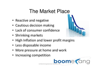 The Market Place
•   Reactive and negative
•   Cautious decision making
•   Lack of consumer confidence
•   Shrinking markets
•   High Inflation and lower profit margins
•   Less disposable income
•   More pressure at home and work
•   Increasing competition

                   (c) Boomerang Business Solutions Ltd
 