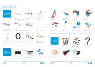 BOOMer
Report
BOOMer
Report58 59
Sabi Products
Hooks
4/5 hooks on an aluminum rail,
length 45cm/60cm
Pegs
Set of 3 pegs
Rail
Aluminum towel rail, length 60cm
Hold
Circular aluminum grab bar
Hanger
Peg and hanger set
Hoop
Silicon towel ring
Caddy
Tray with cup and 2 hooks
Shelf
Shelf, length 45cm/60cm
Roll
Toilet roll holder
Magnify
Detachable 2X magnifying mirror
Mirror
Wall mirror, diameter 45cm
Tripod
XXL daily pill box
Folio
Weekly pill box
Space
Thrive
Roam
Shake
Pill dispenser
Carafe Grande
Pill box + water bottle
Crush
Pill box + pill crusher
Daybox
XXL weekly pill box
Split
Pill splitter
Carafe
Pill box + water cup
Luxe
Get up + style cane
Sport
Get up + play cane
Classic
Get up + go cane
Rest
Hook + up cane holder
Tip
Replace + go cane tip
Light
Click + see cane light
Holster Grande
XL daily pill box
Folio Grande
XL weekly pill box
Holster
Daily pill box
 